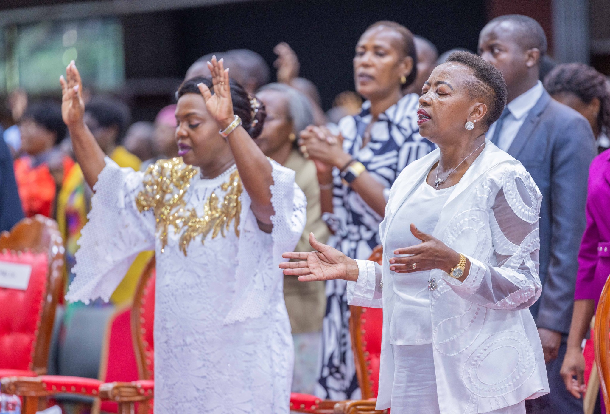 First Lady Mama Rachael Ruto with Second Lady Pastor Dorcas Rigathi during at Thanksgiving Prayer Service at KICC Nairobi on April 16, 2024.